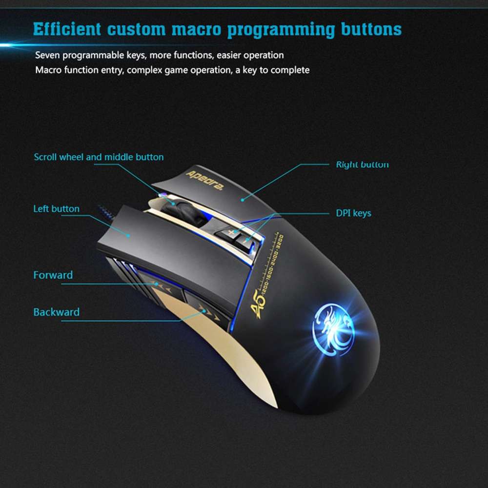 Apedra iMICE A5 High Precision Gaming Mouse LED four color controlled breathing light ... (Black)
