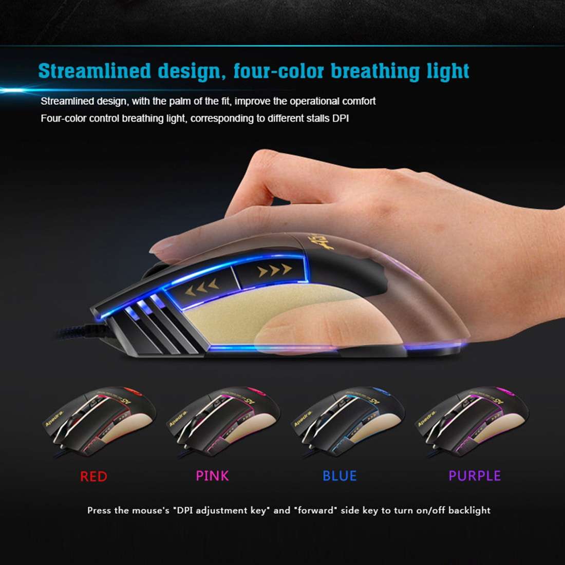 Apedra iMICE A5 High Precision Gaming Mouse LED four color controlled breathing light ... (Black)