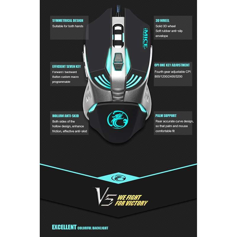 iMICE V5 USB 7 Buttons 4000 DPI Wired Optical Colorful Backlight Gaming Mouse for Comp ... (White)