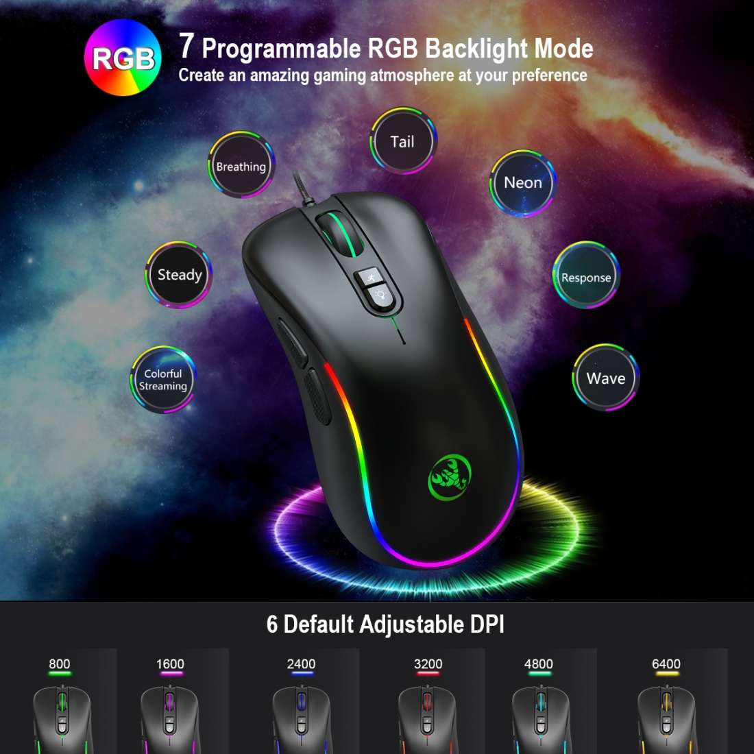 HXSJ J300 7 Keys RGB Lighting Programmable Gaming Wired Mouse(Black)