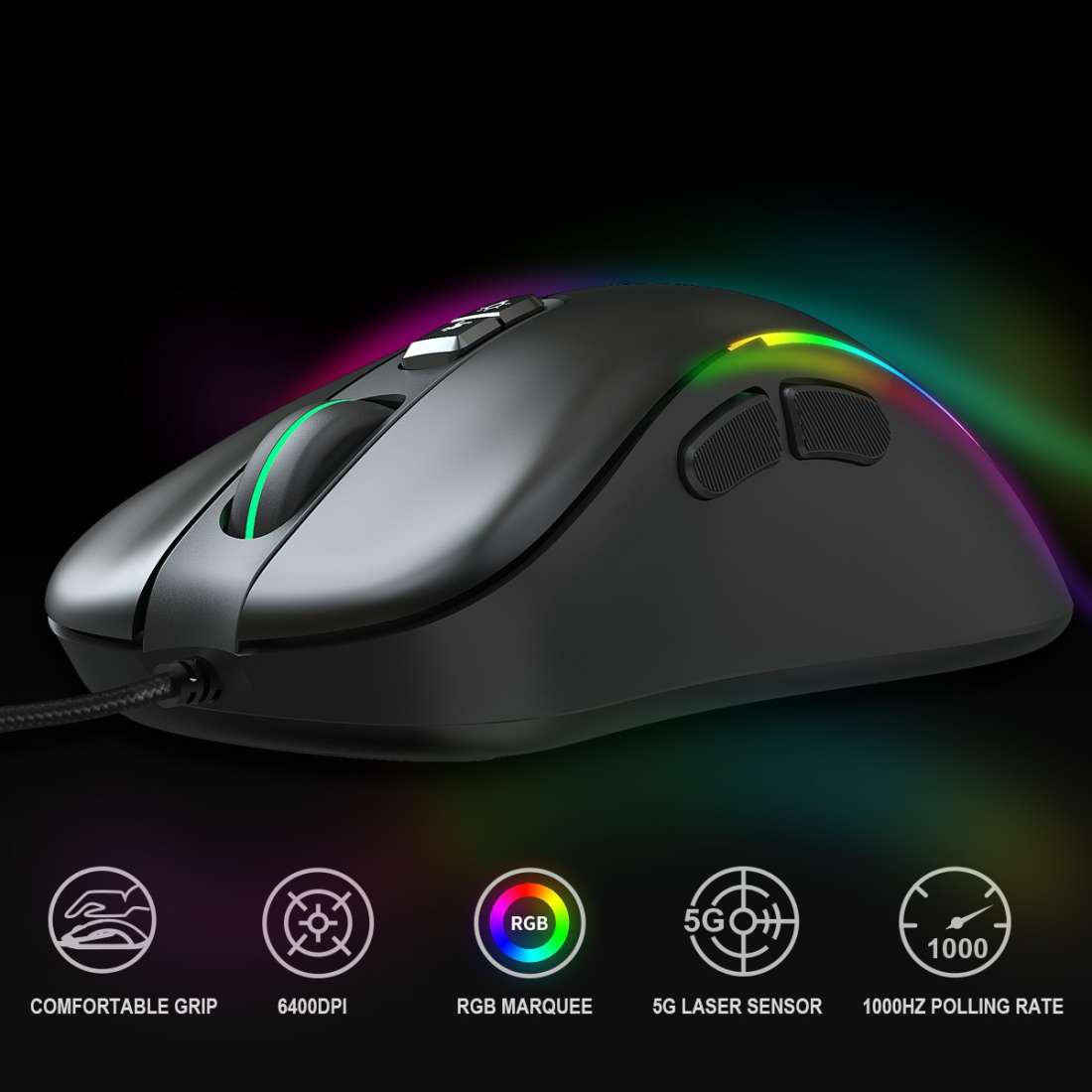 HXSJ J300 7 Keys RGB Lighting Programmable Gaming Wired Mouse(Black)