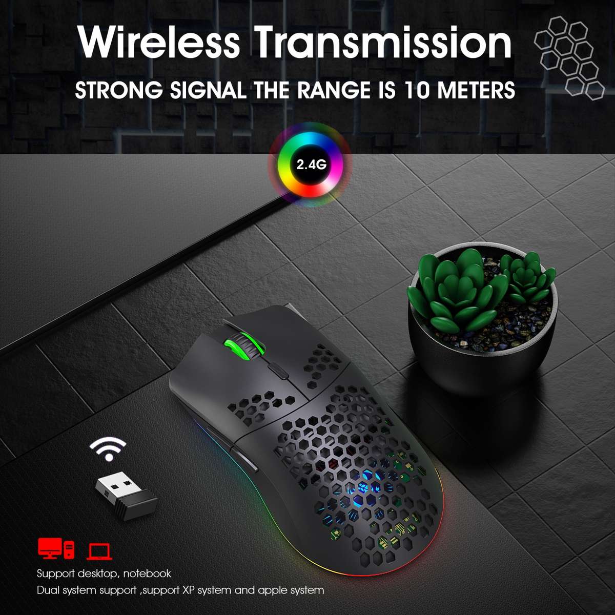 HXSJ T66 7 Keys Colorful Lighting Programmable Gaming Wireless Mouse (White)