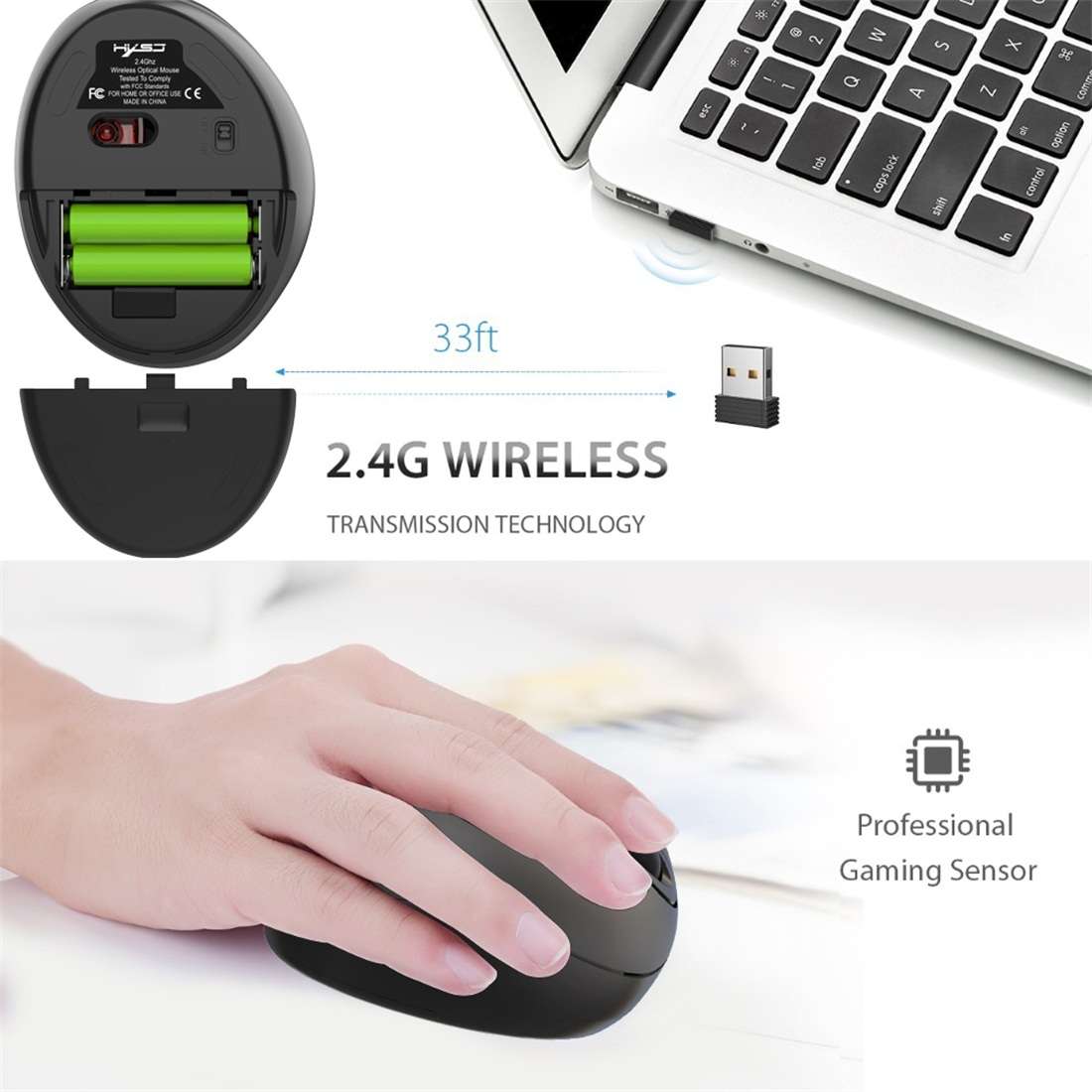 HXSJ T33 2.4GHz Ergonomic Optical Wireless Notebook PC Mouse (Black)