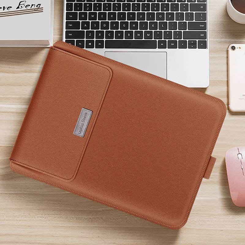 4 in 1 Universal Waterproof PU Leather Laptop Liner Bag with Handle & Stand & Pen Hold ... (Brown)