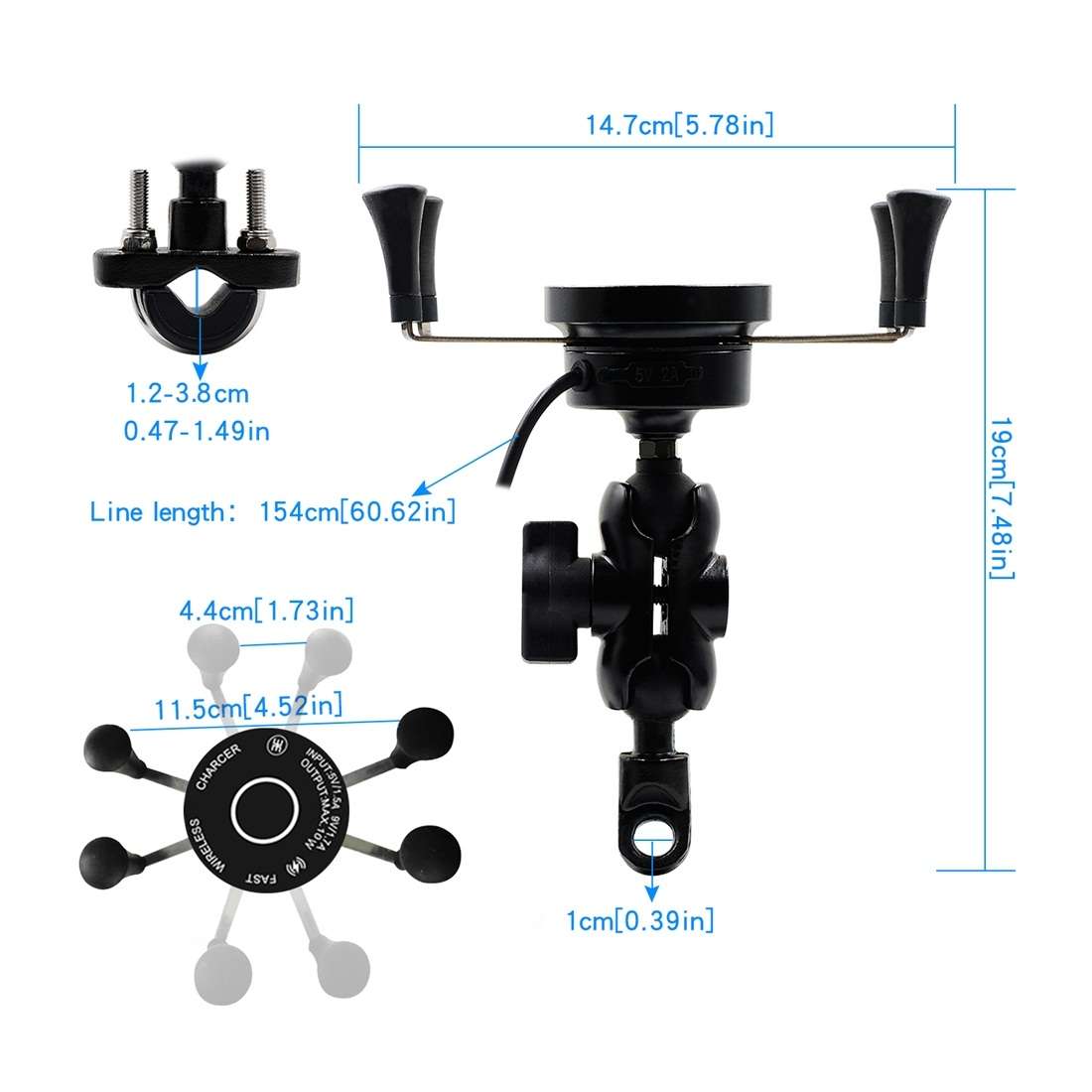 CS-878A1 Multi-function Motorcycle Wireless Wired Aluminum Alloy Mobile Phone Holder C ... (Black)
