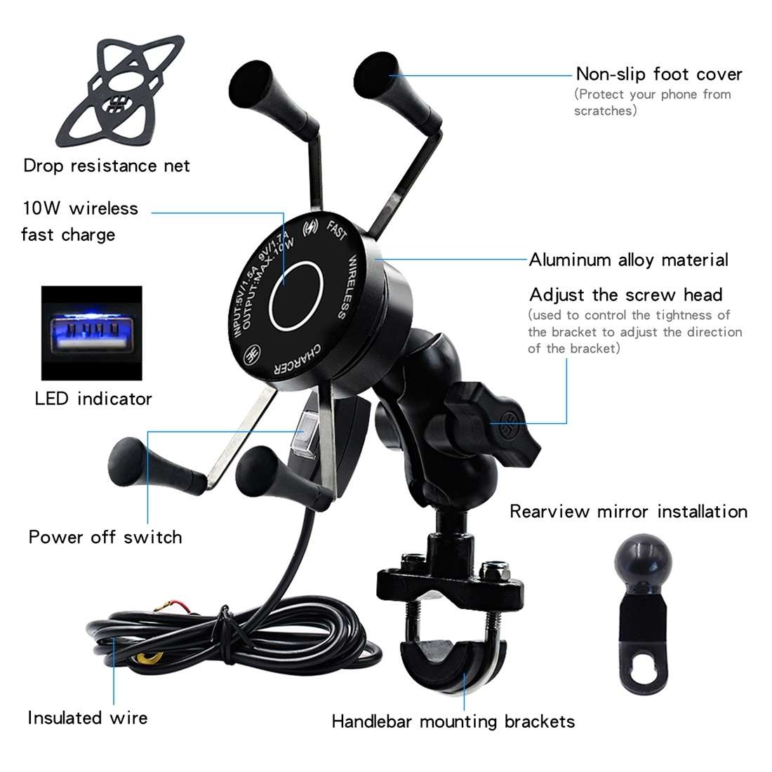 CS-878A1 Multi-function Motorcycle Wireless Wired Aluminum Alloy Mobile Phone Holder C ... (Black)