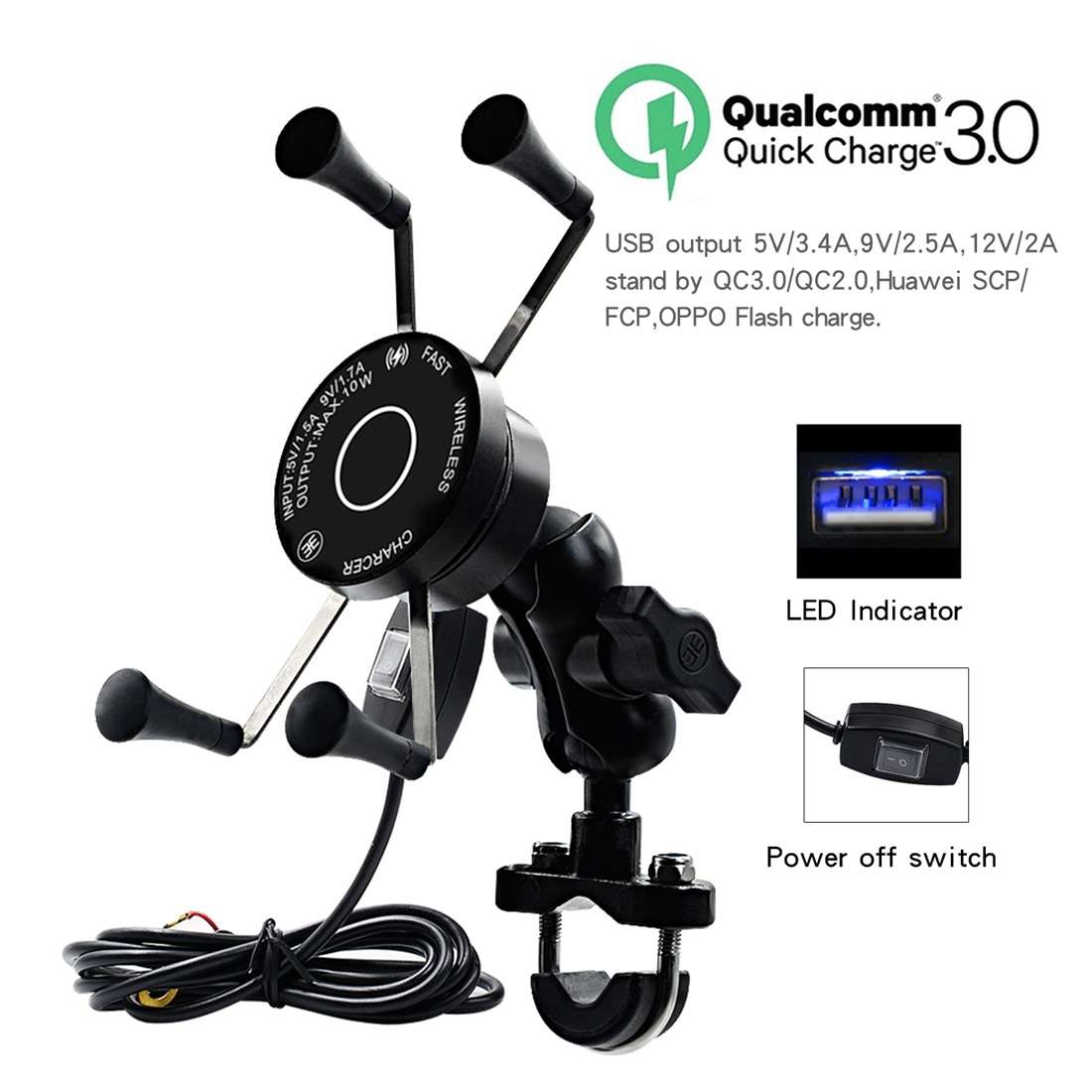 CS-878A1 Multi-function Motorcycle Wireless Wired Aluminum Alloy Mobile Phone Holder C ... (Black)