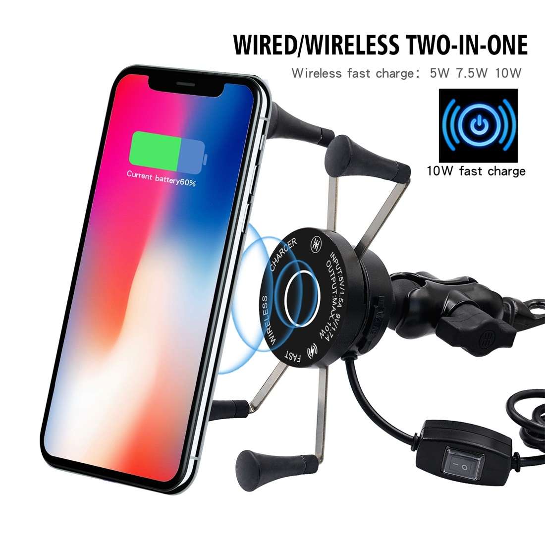 CS-878A1 Multi-function Motorcycle Wireless Wired Aluminum Alloy Mobile Phone Holder C ... (Black)