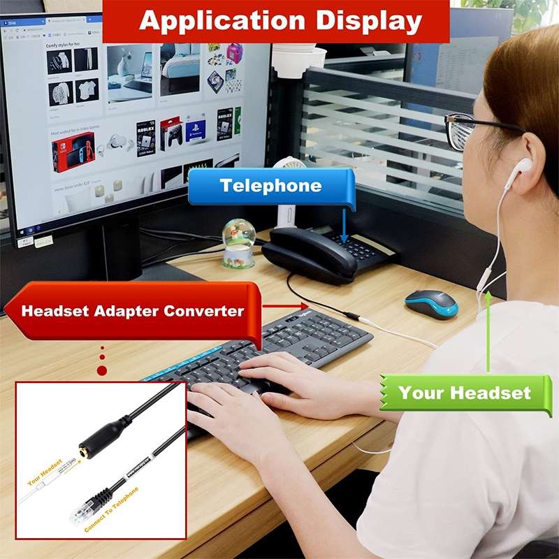 3.5mm Jack to RJ9 PC / Mobile Phones Headset to Office Phone Adapter Convertor Cable ... (Black)