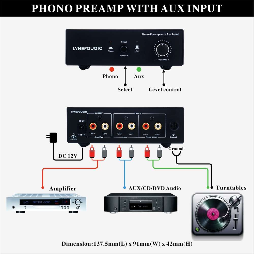 B855 LINEPAUDIO Phone Prephonograph Signal Amplifier with Auxiliary Input and Volume C ... (Black)