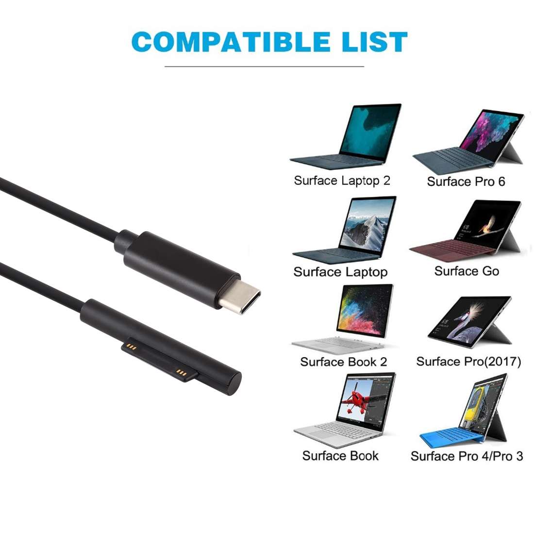 USB-C / Type-C to 6 Pin Magnetic Male Laptop Power Charging Cable for Microsoft Surface Pro 7 / 6