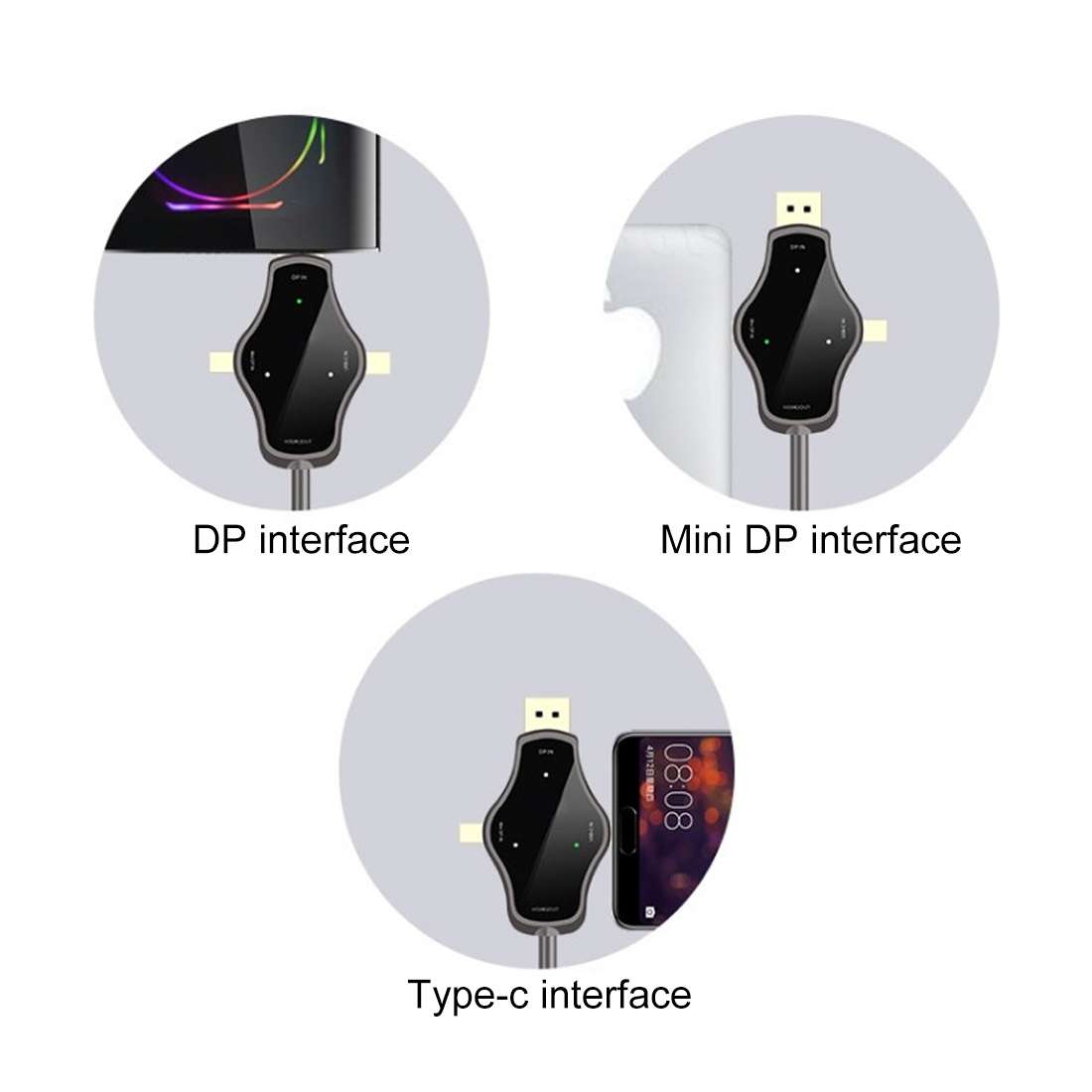 D65A 1.8m DisplayPort In & Mini DP In & USB-C / Type-C In to HDMI 4K Output Video Adapter Cable