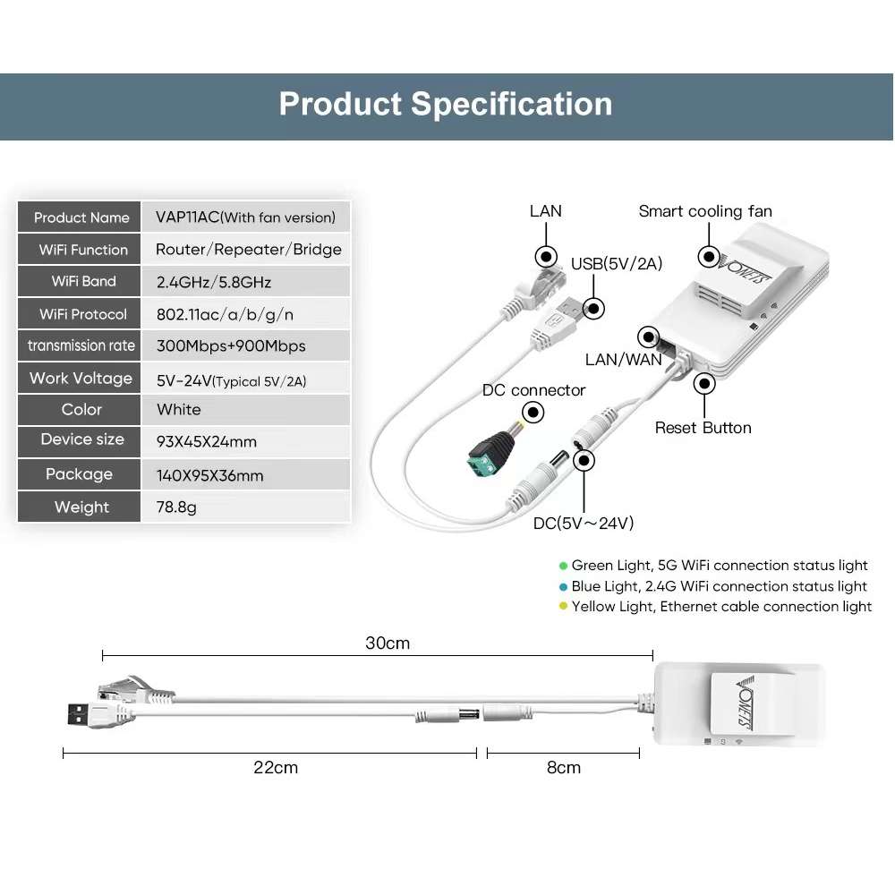 VONETS VAP11AC 5G / 2.4G Mini Wireless Bridge with Fan Version 300Mbps + 900Mbps WiFi ... (White)