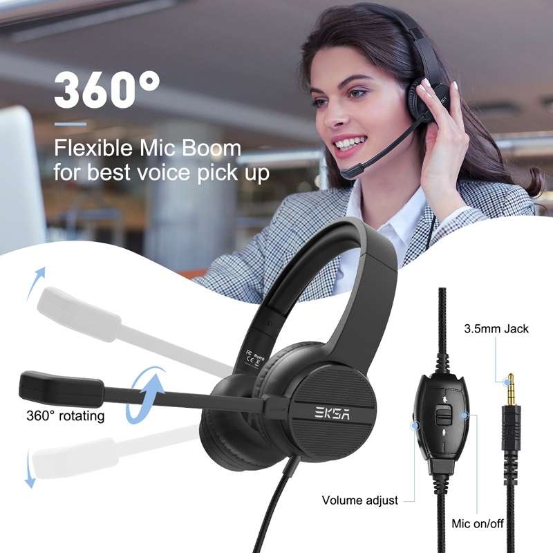 EKSA H12 USB Plug Head-mounted Noise Reduction Wired Headset with Microphone(Black)