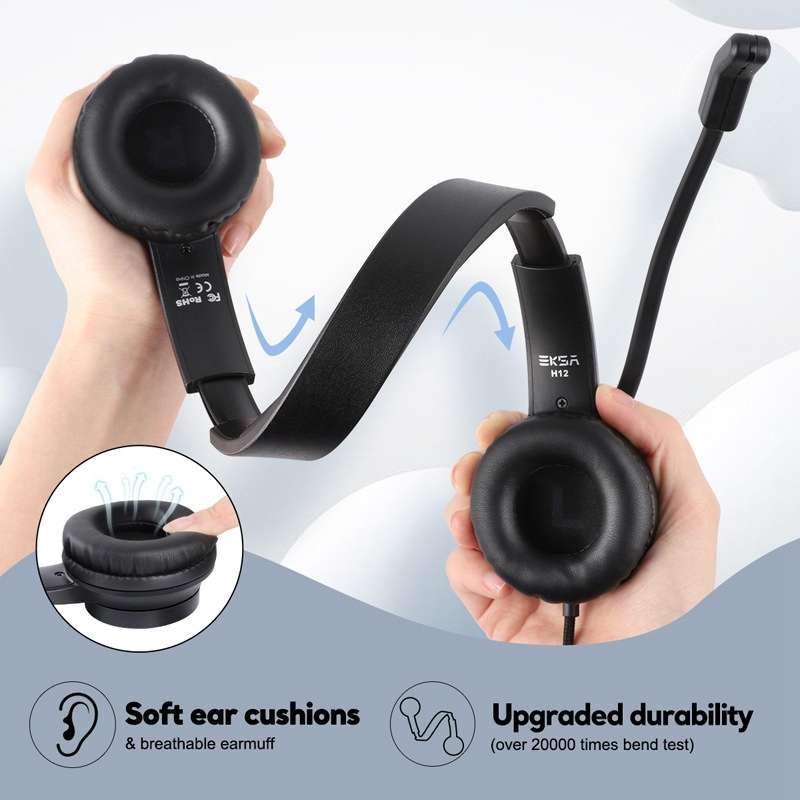 EKSA H12 USB Plug Head-mounted Noise Reduction Wired Headset with Microphone(Black)