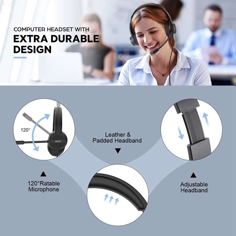 EKSA H12 USB Plug Head-mounted Noise Reduction Wired Headset with Microphone(Black)