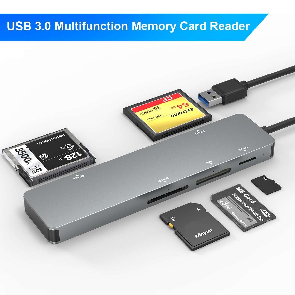 Rocketek CR308 USB3.0 Multi-function Card Reader CF / CFast / SD / MS / TF Card ... (Silver Grey)