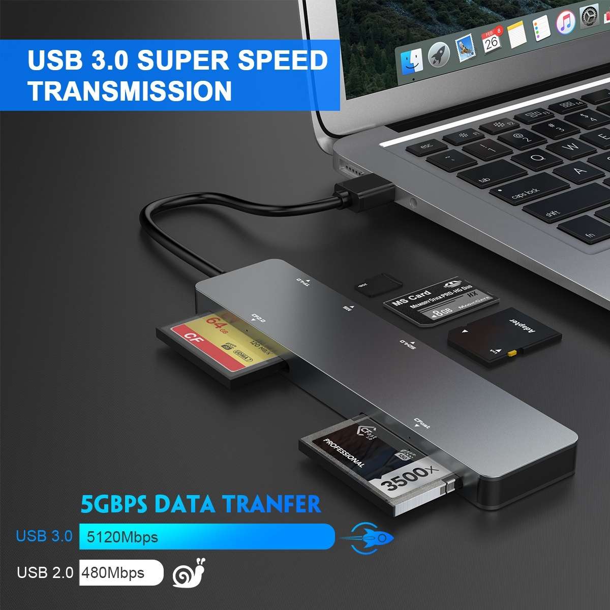 Rocketek CR308 USB3.0 Multi-function Card Reader CF / CFast / SD / MS / TF Card ... (Silver Grey)