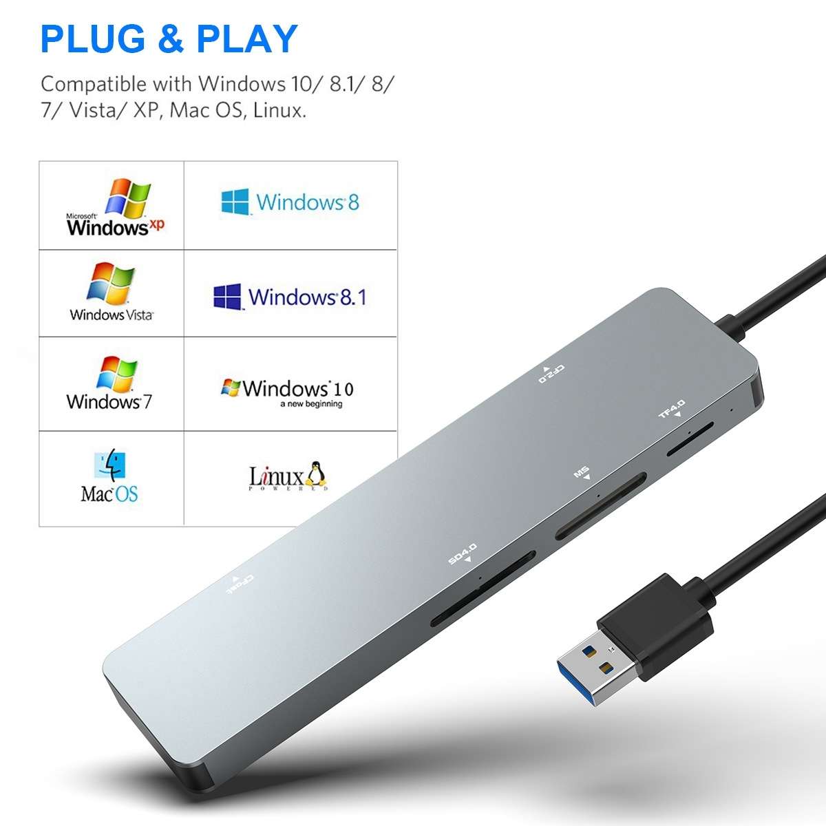 Rocketek CR308 USB3.0 Multi-function Card Reader CF / CFast / SD / MS / TF Card ... (Silver Grey)