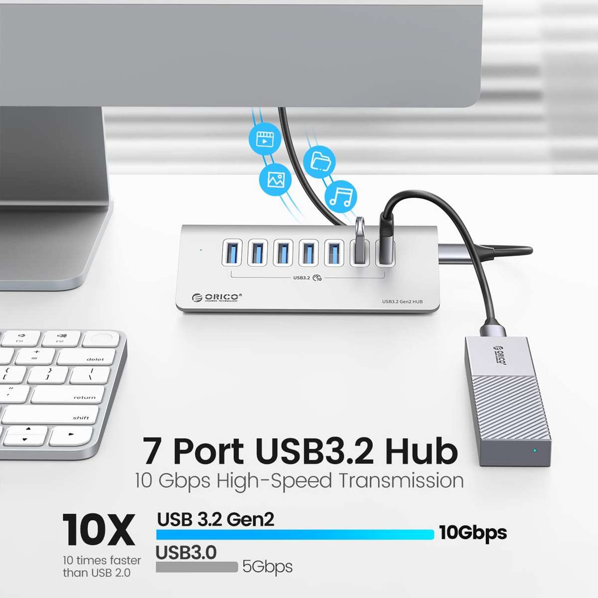 ORICO M3U7-G2 Aluminum Alloy 7-Port USB 3.2 Gen2 10Gbps HUB with 0.5m Cable (Silver)