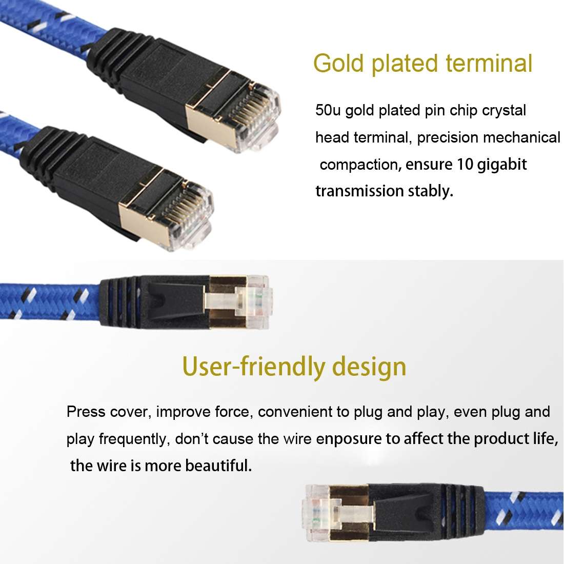 3m Gold Plated CAT-7 10 Gigabit Ethernet Ultra Flat Patch Cable for Modem Router LAN Network, Built