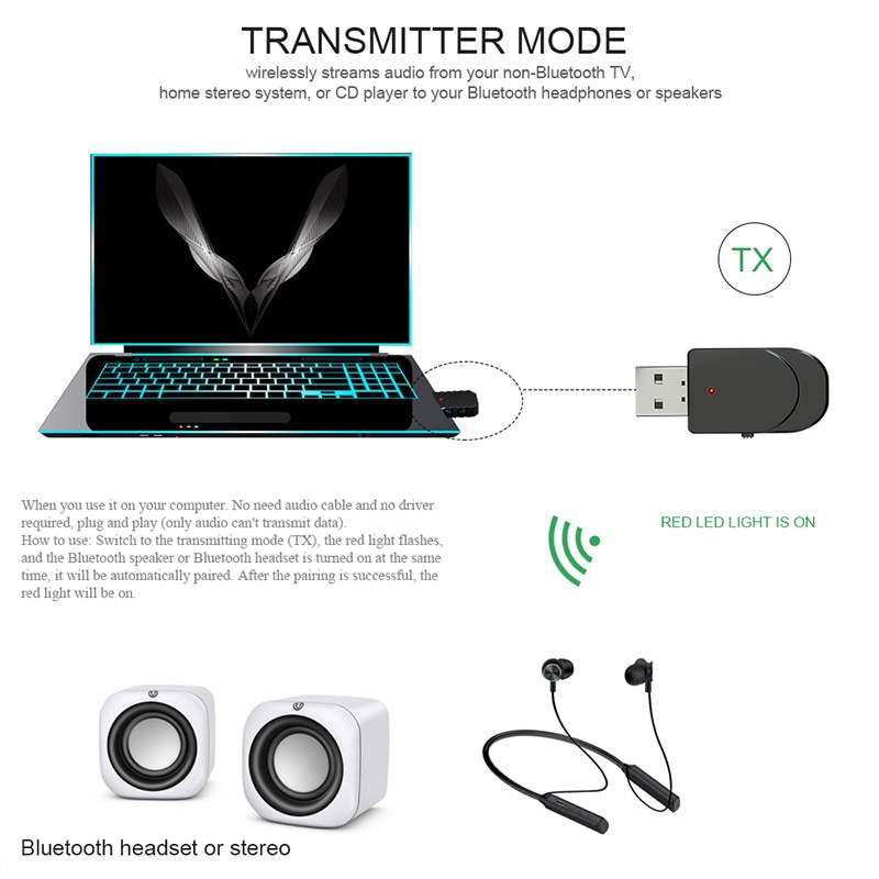 KN330 3 in 1 USB Bluetooth 5.0 Adapter Audio Transmitter Receiver with Switch Button & 3.5mm AUX I