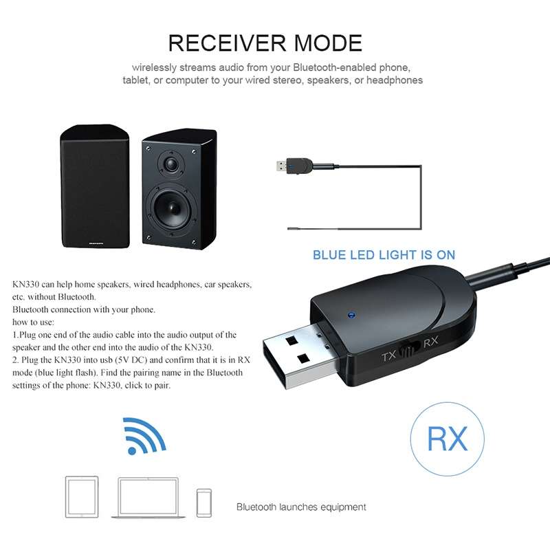 KN330 3 in 1 USB Bluetooth 5.0 Adapter Audio Transmitter Receiver with Switch Button & 3.5mm AUX I