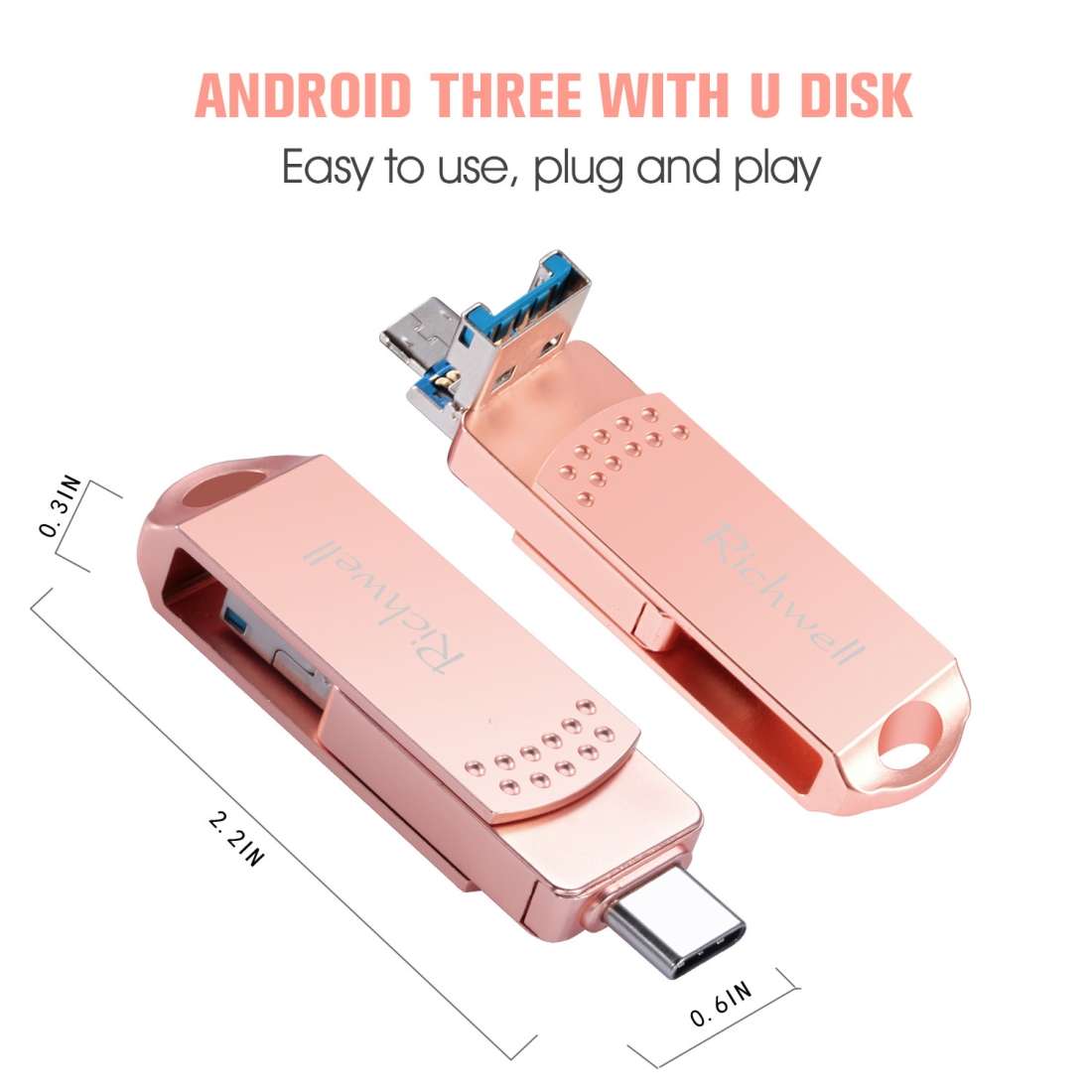 Richwell 3 in 1 32G Type-C + Micro USB + USB 3.0 Metal Flash Disk with OTG Function(Silver)