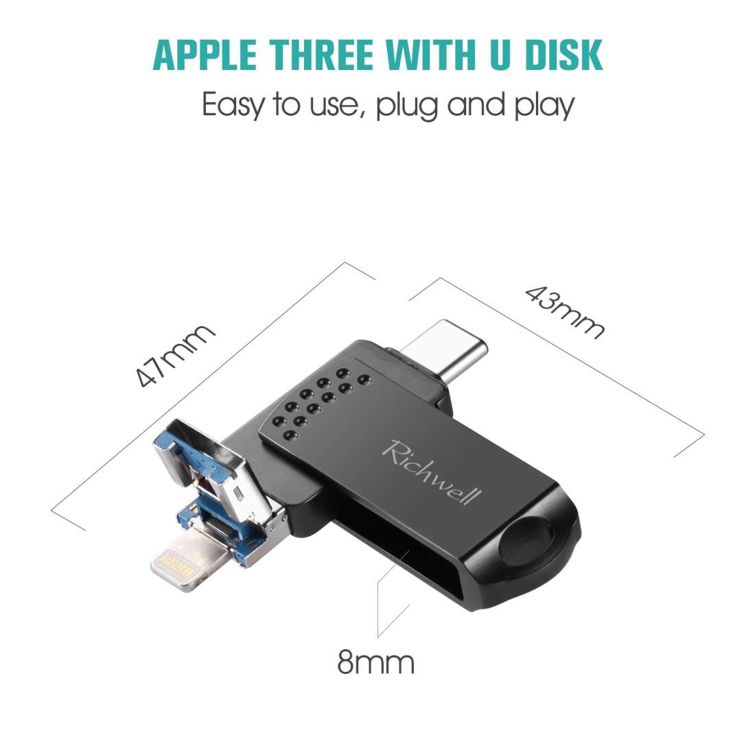 Richwell 128G Type-C + 8 Pin + USB 3.0 Metal Flash Disk with OTG Function(Black)