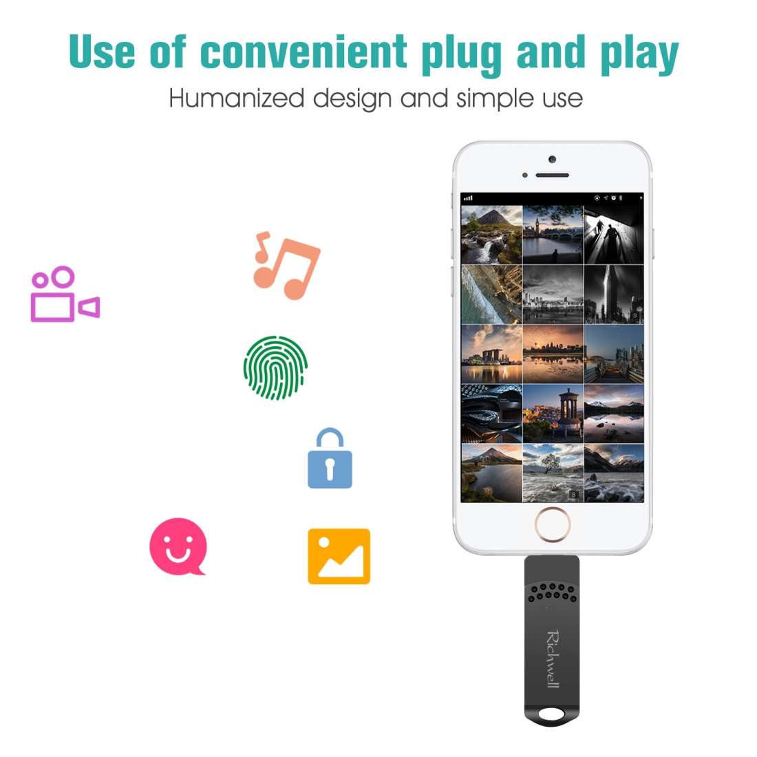 Richwell 128G Type-C + 8 Pin + USB 3.0 Metal Flash Disk with OTG Function(Black)