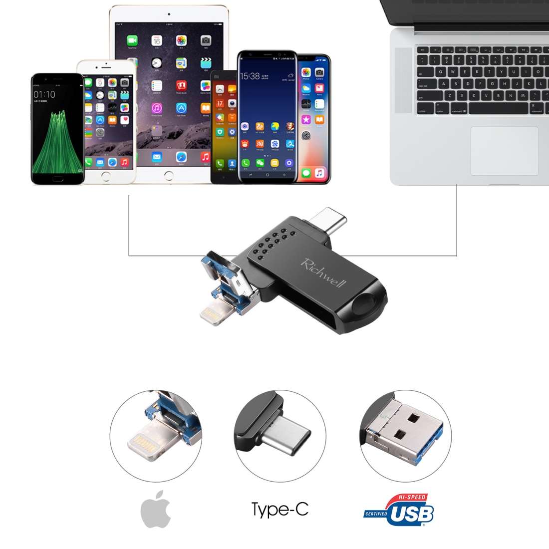 Richwell 128G Type-C + 8 Pin + USB 3.0 Metal Flash Disk with OTG Function(Silver)