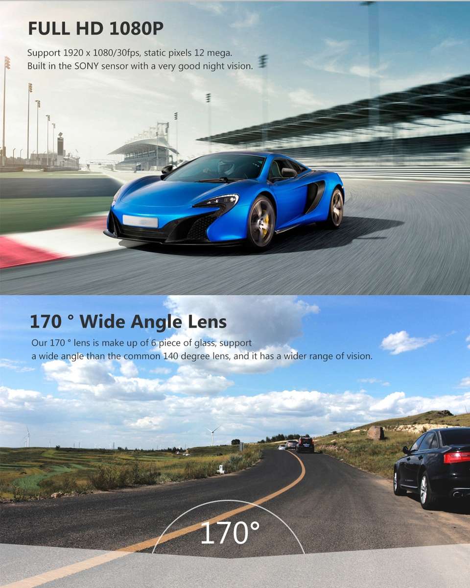 A305 Car DVR Camera 2.45 inch IPS Screen Full HD 1080P 170 Degree Wide Angle Viewing, Support Motion