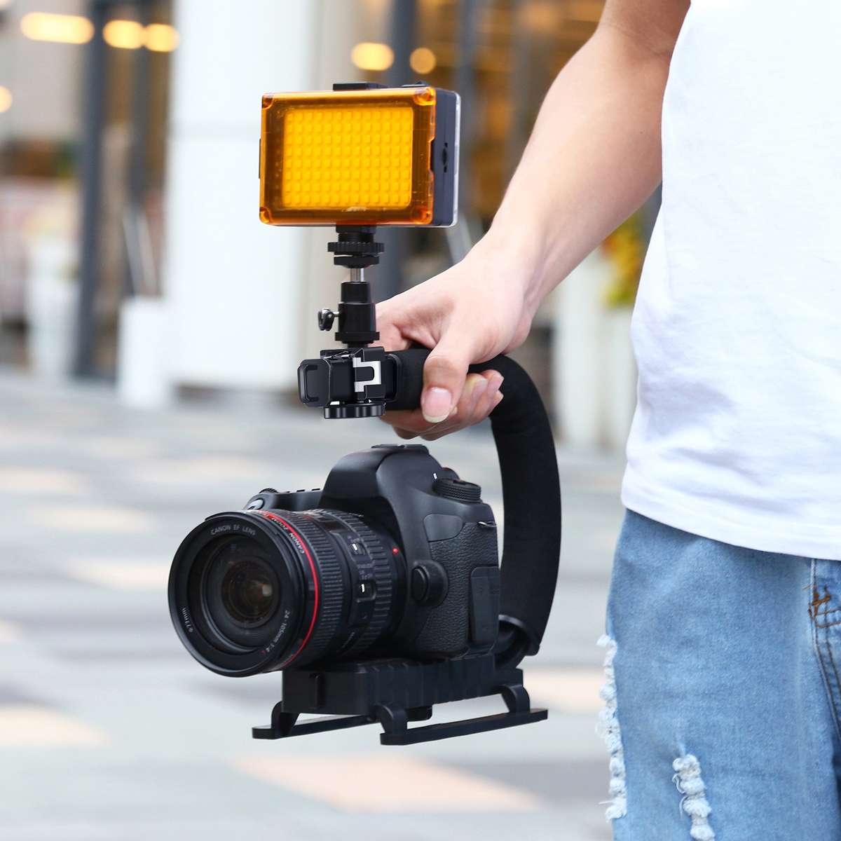 PULUZ U/C Shape Portable Handheld DV Bracket Stabilizer + LED Studio Light Kit with Cold Shoe Trip