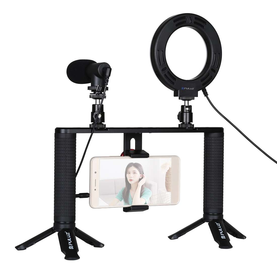 PULUZ 4 in 1 Vlogging Live Broadcast 4.7 inch 12cm Ring LED Selfie Light Smartphone Video Rig Hand