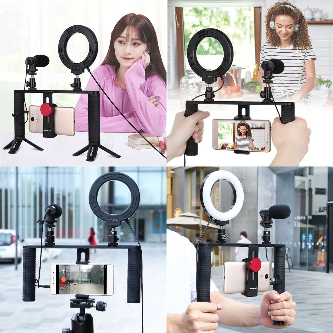 PULUZ 4 in 1 Vlogging Live Broadcast 4.7 inch 12cm Ring LED Selfie Light Smartphone Video Rig Hand