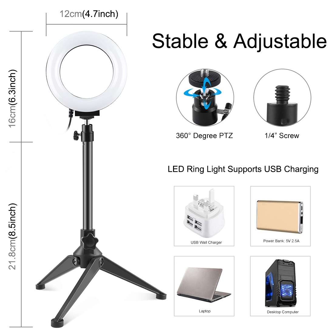 PULUZ 4.7 inch 12cm USB 3 Modes Dimmable LED Ring Vlogging Photography Video Lights + Desktop Trip