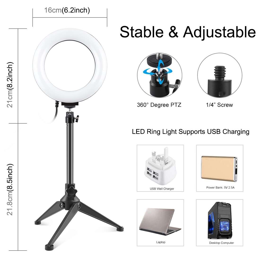 PULUZ 6.2 inch 16cm USB 3 Modes Dimmable LED Ring Vlogging Photography Video Lights + Desktop Trip