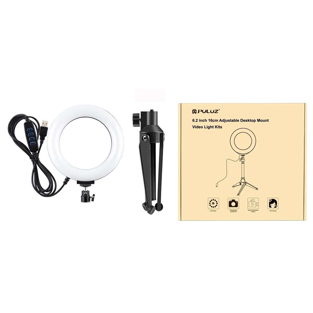 PULUZ 6.2 inch 16cm USB 3 Modes Dimmable LED Ring Vlogging Photography Video Lights + Desktop Trip