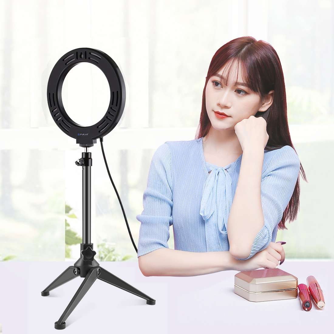 PULUZ 6.2 inch 16cm USB 3 Modes Dimmable LED Ring Vlogging Photography Video Lights + Desktop Trip