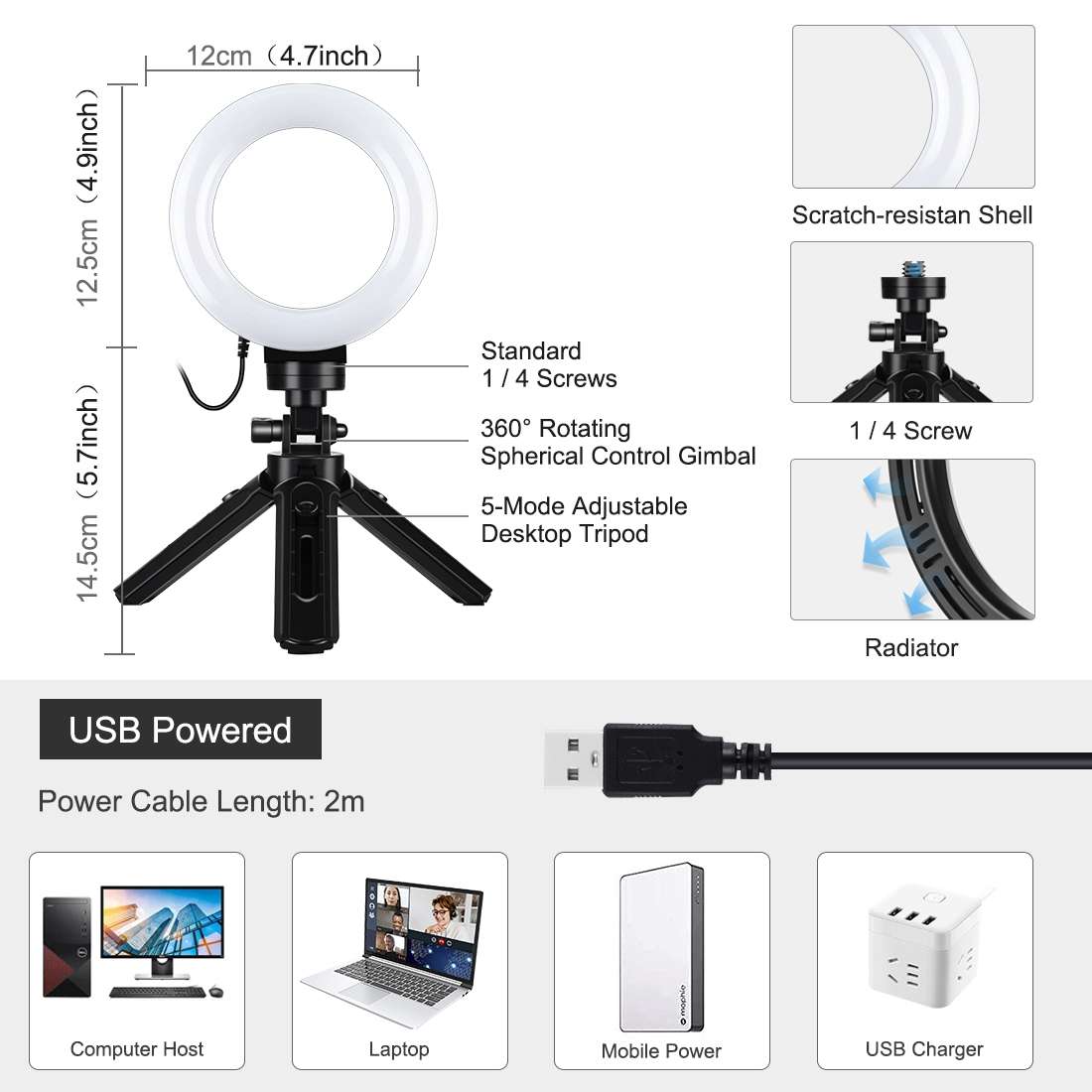 PULUZ 4.7 inch 12cm USB 3 Modes Dimmable LED Ring Vlogging Photography Video Lights + ... (Black)