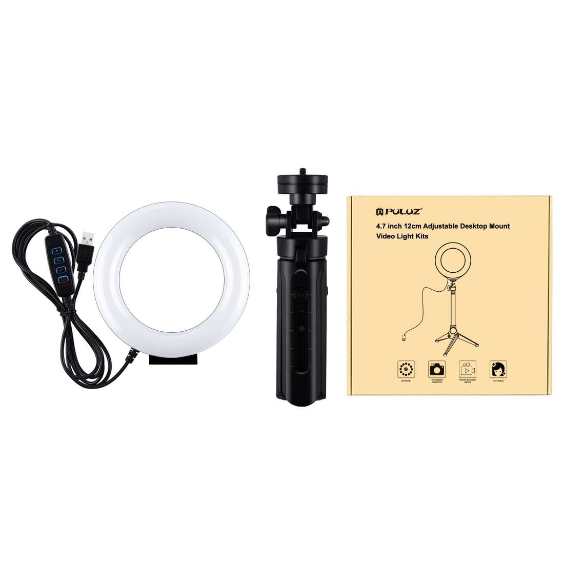 PULUZ 4.7 inch 12cm USB 3 Modes Dimmable LED Ring Vlogging Photography Video Lights + ... (Black)
