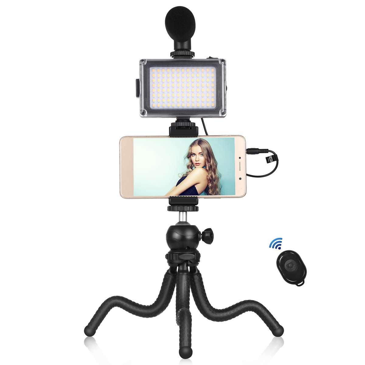 PULUZ 4 in 1 Vlogging Live Mini Octopus Bracket Kit + Studio Light + Microphone + Phon ... (Black)