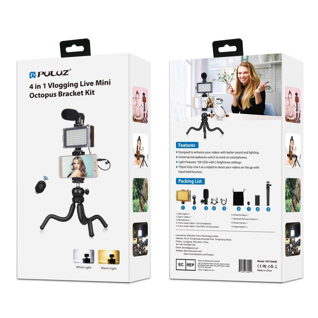 PULUZ 4 in 1 Vlogging Live Mini Octopus Bracket Kit + Studio Light + Microphone + Phon ... (Black)