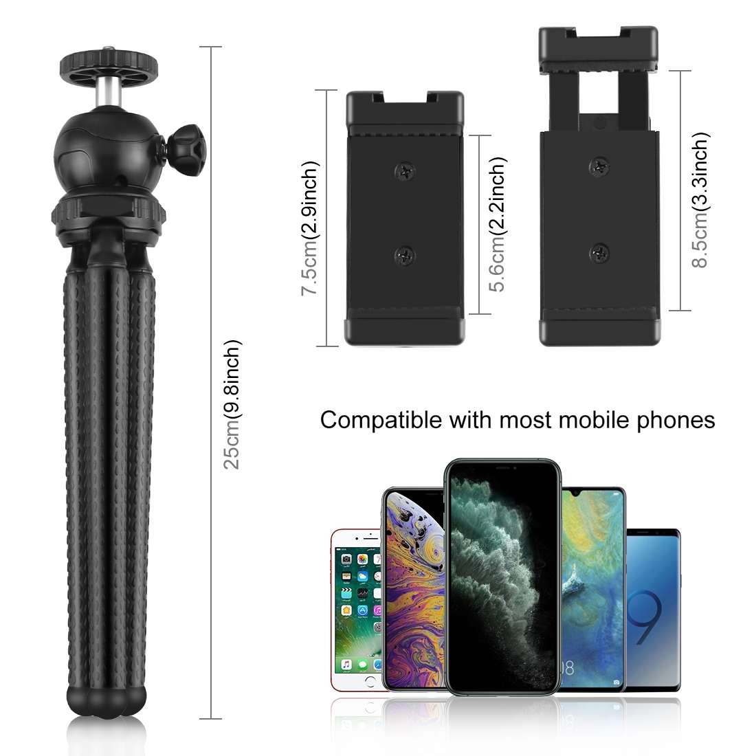 PULUZ 4 in 1 Vlogging Live Mini Octopus Bracket Kit + Studio Light + Microphone + Phon ... (Black)