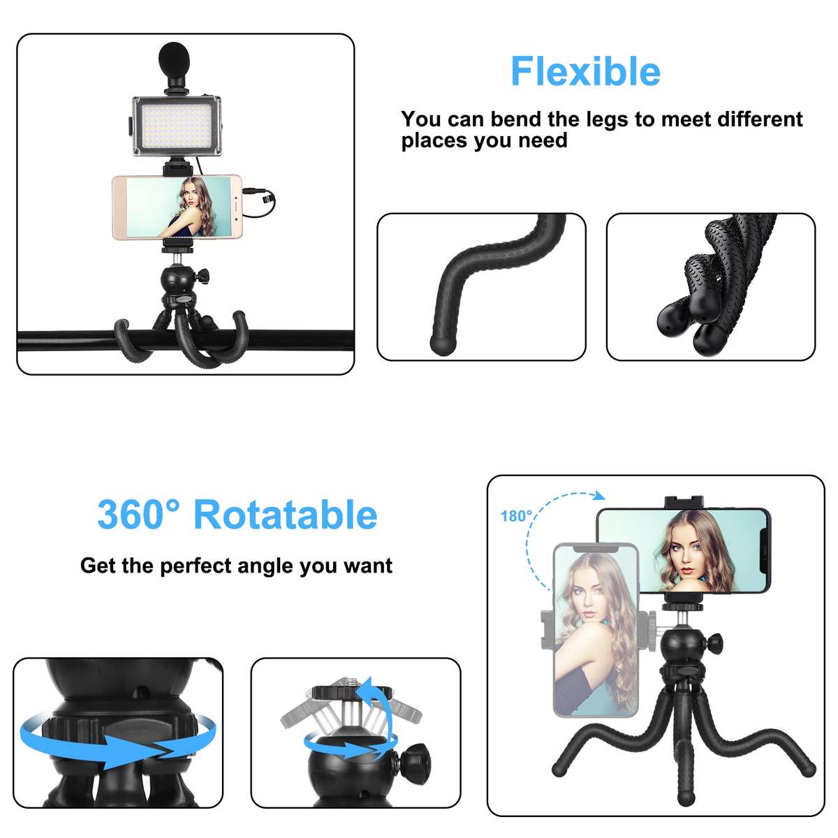 PULUZ 4 in 1 Vlogging Live Mini Octopus Bracket Kit + Studio Light + Microphone + Phon ... (Black)