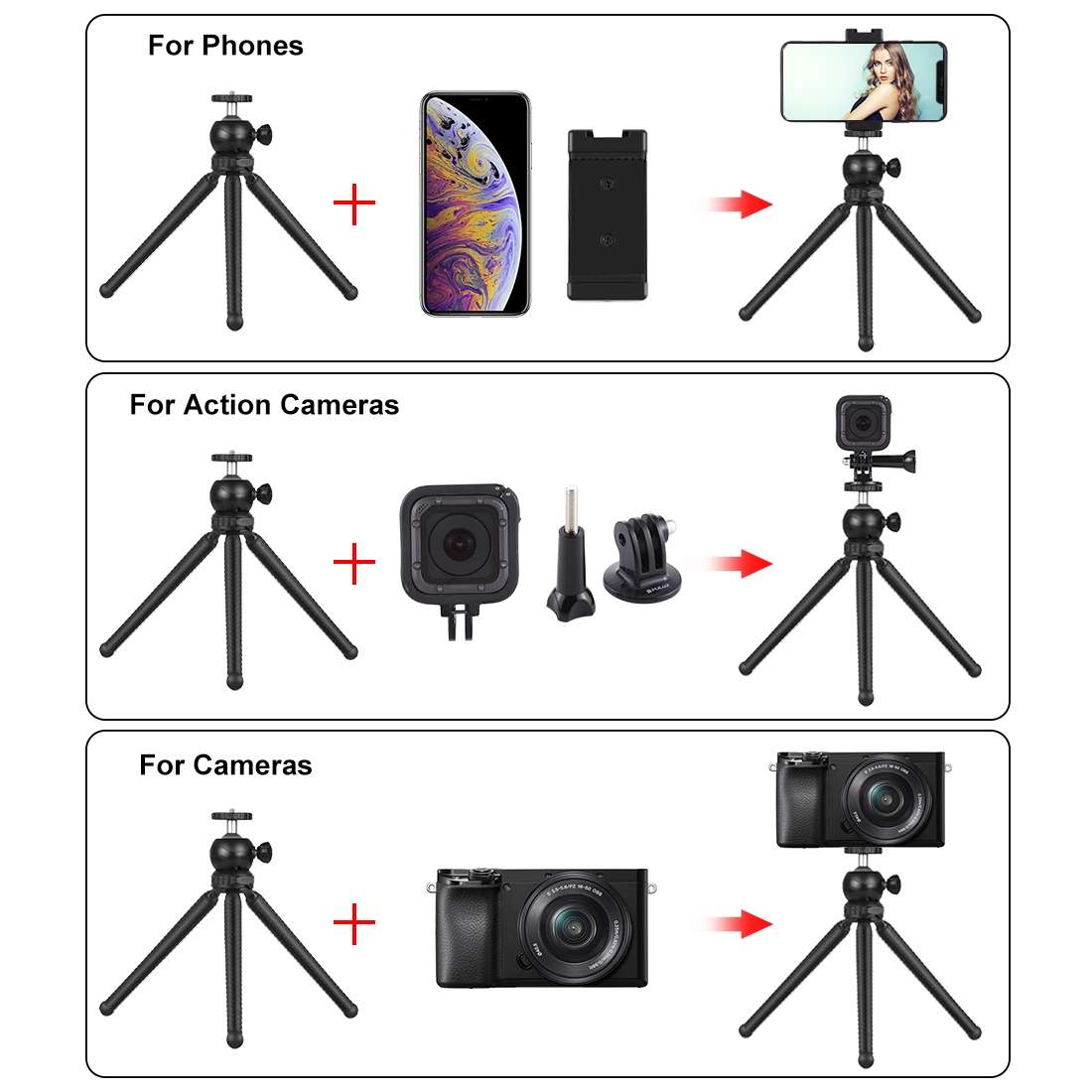 PULUZ 4 in 1 Vlogging Live Mini Octopus Bracket Kit + Studio Light + Microphone + Phon ... (Black)