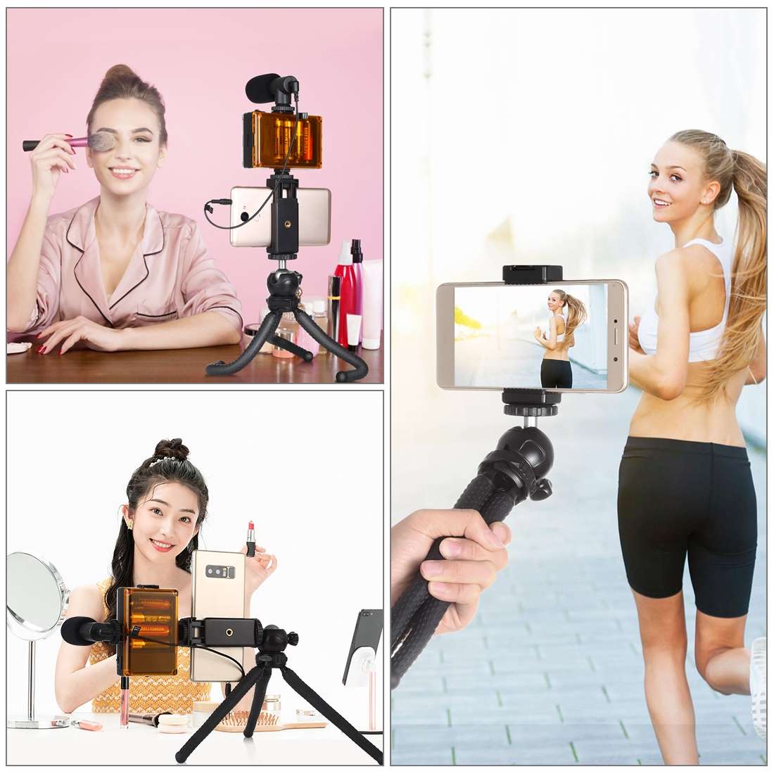 PULUZ 4 in 1 Vlogging Live Mini Octopus Bracket Kit + Studio Light + Microphone + Phon ... (Black)