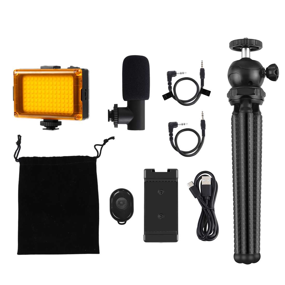 PULUZ 4 in 1 Vlogging Live Mini Octopus Bracket Kit + Studio Light + Microphone + Phon ... (Black)