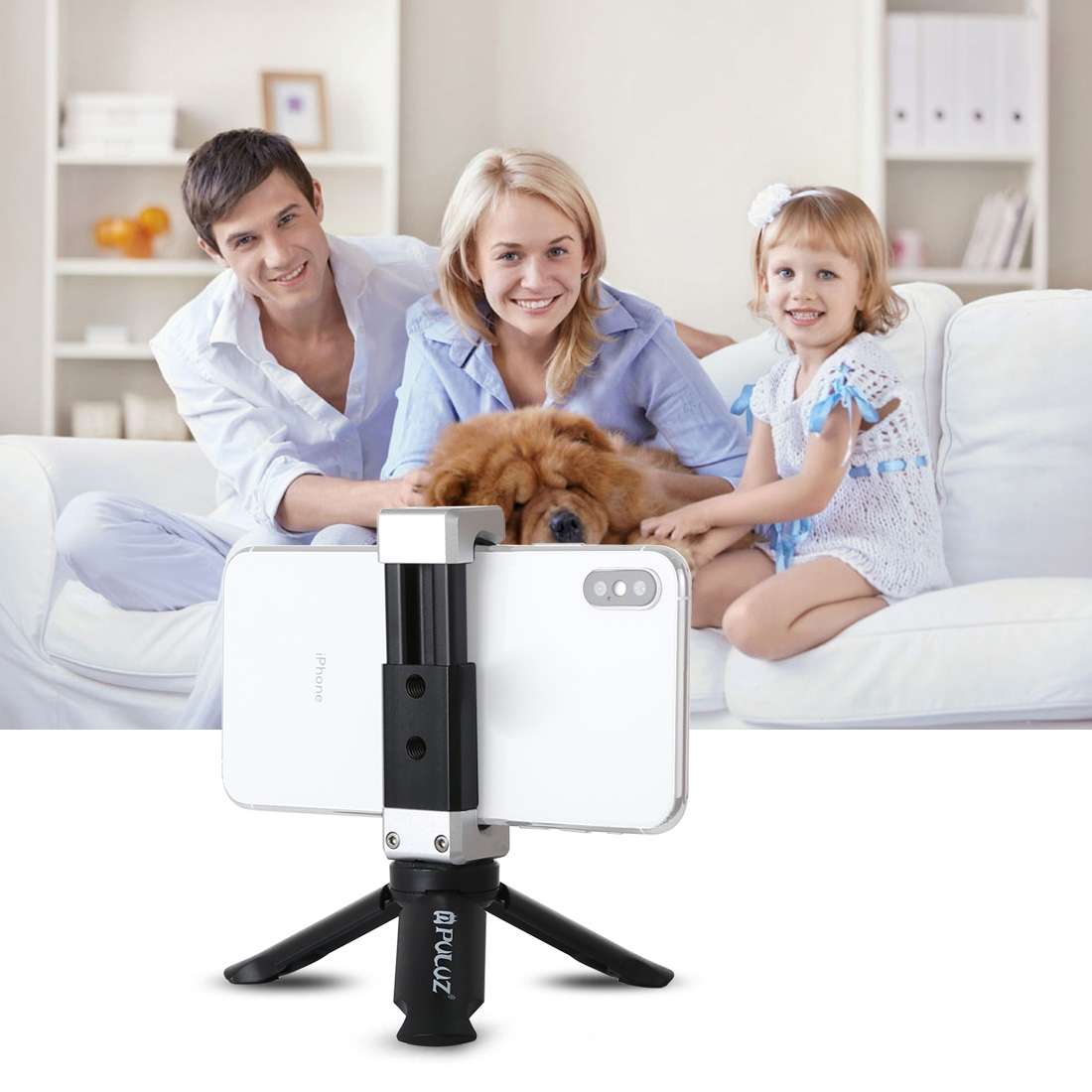 PULUZ Folding Plastic Tripod + Aluminum Alloy Clamp Bracket with Cold Shoe for iPhone, Galaxy, Hua