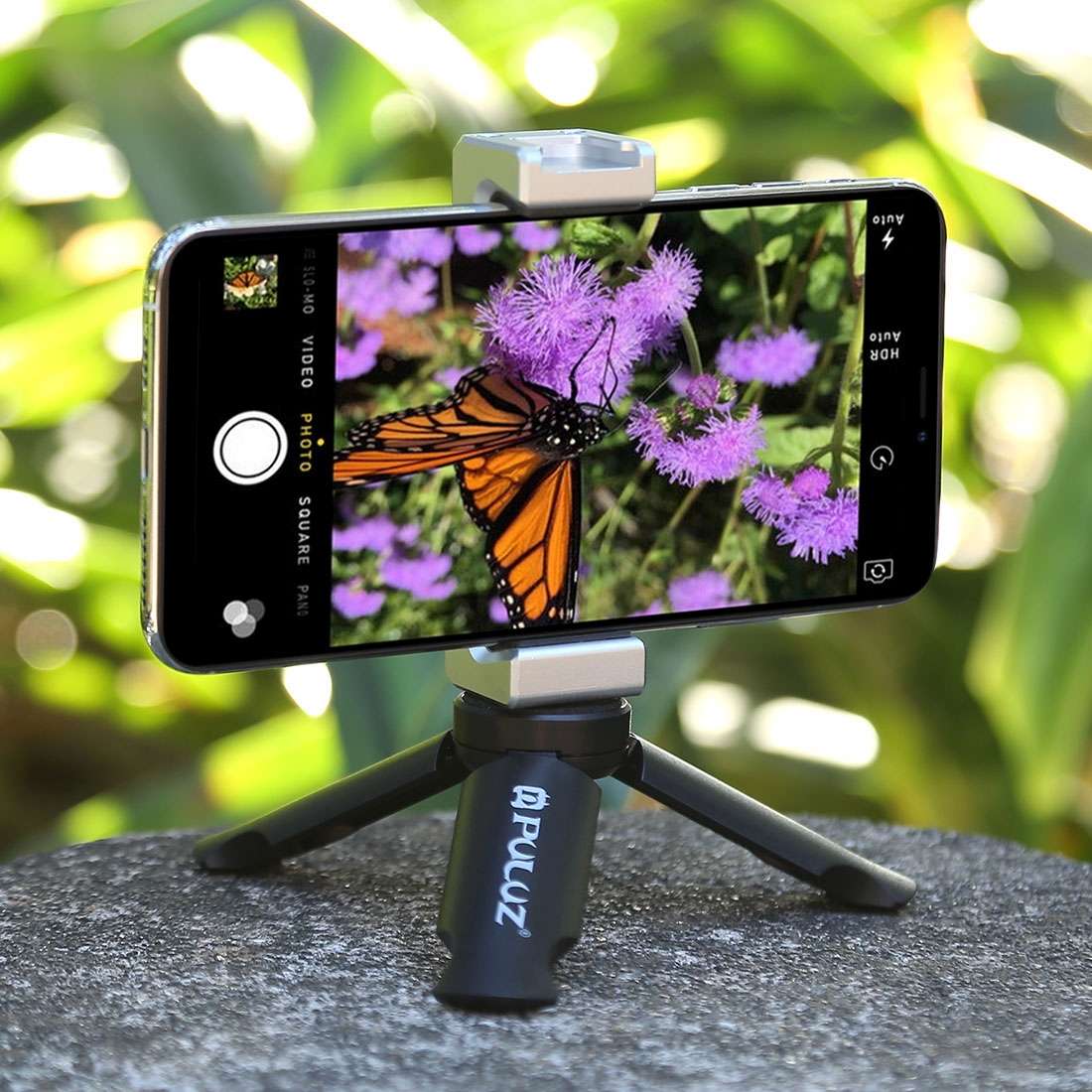 PULUZ Folding Plastic Tripod + Aluminum Alloy Clamp Bracket with Cold Shoe for iPhone, Galaxy, Hua